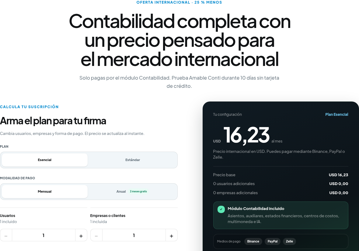Planes y calculadora de suscripción para el mercado seleccionado